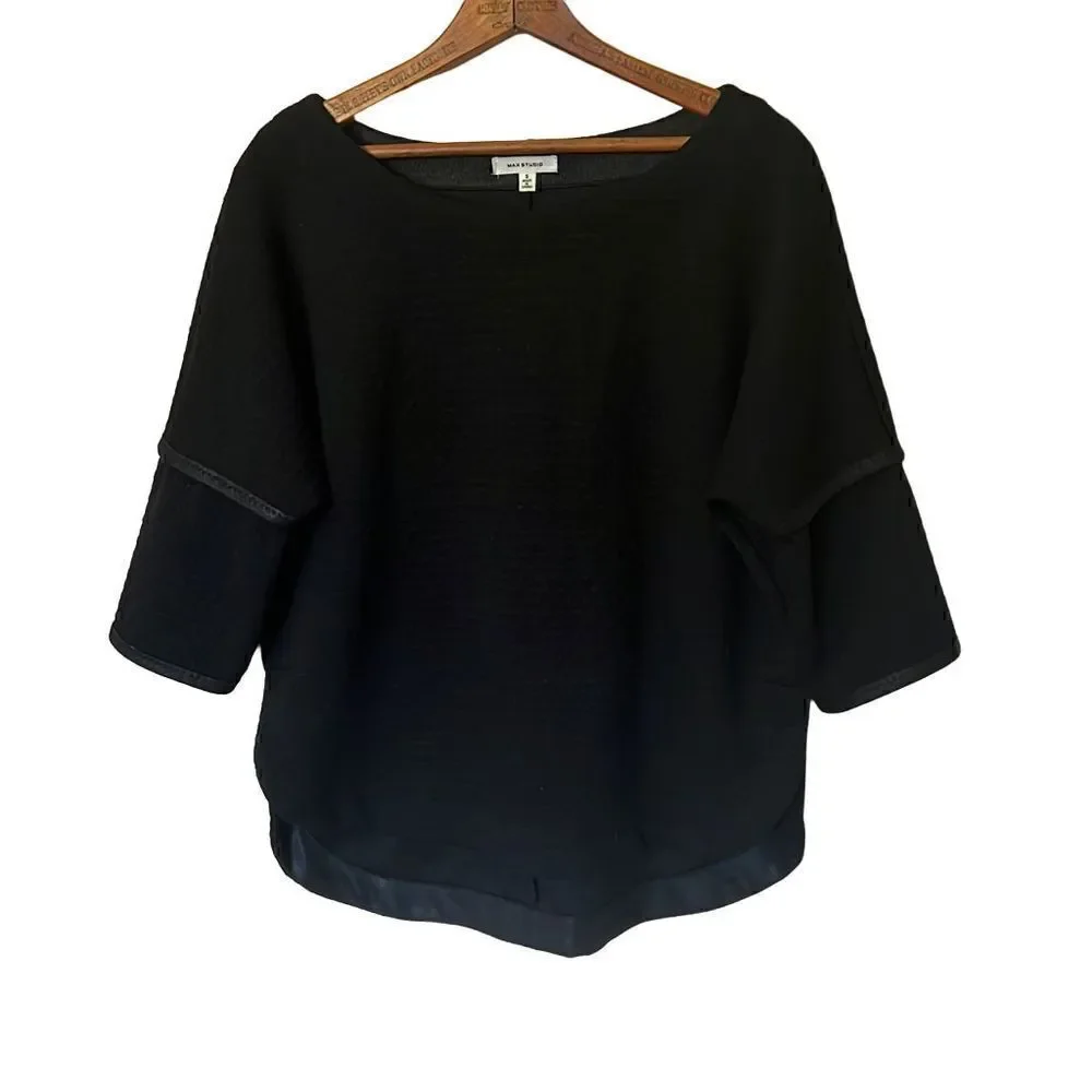 Max Studio Faux Leather Trim Curved Hem Top